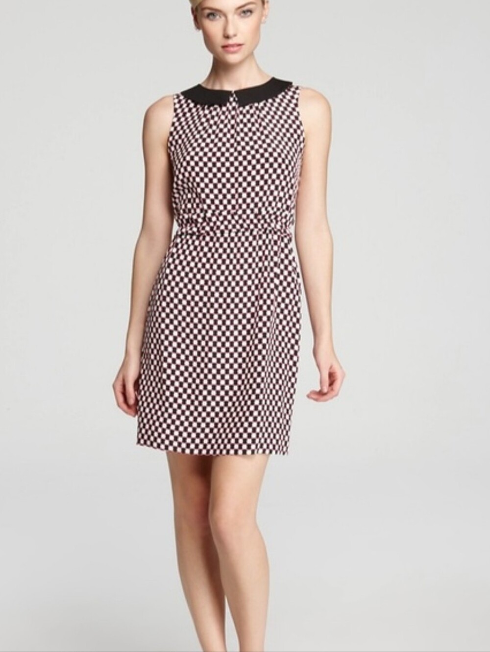 Sleeveless Sheath Dress in Black, Pink, White Polka Dot with Contrasting Collar